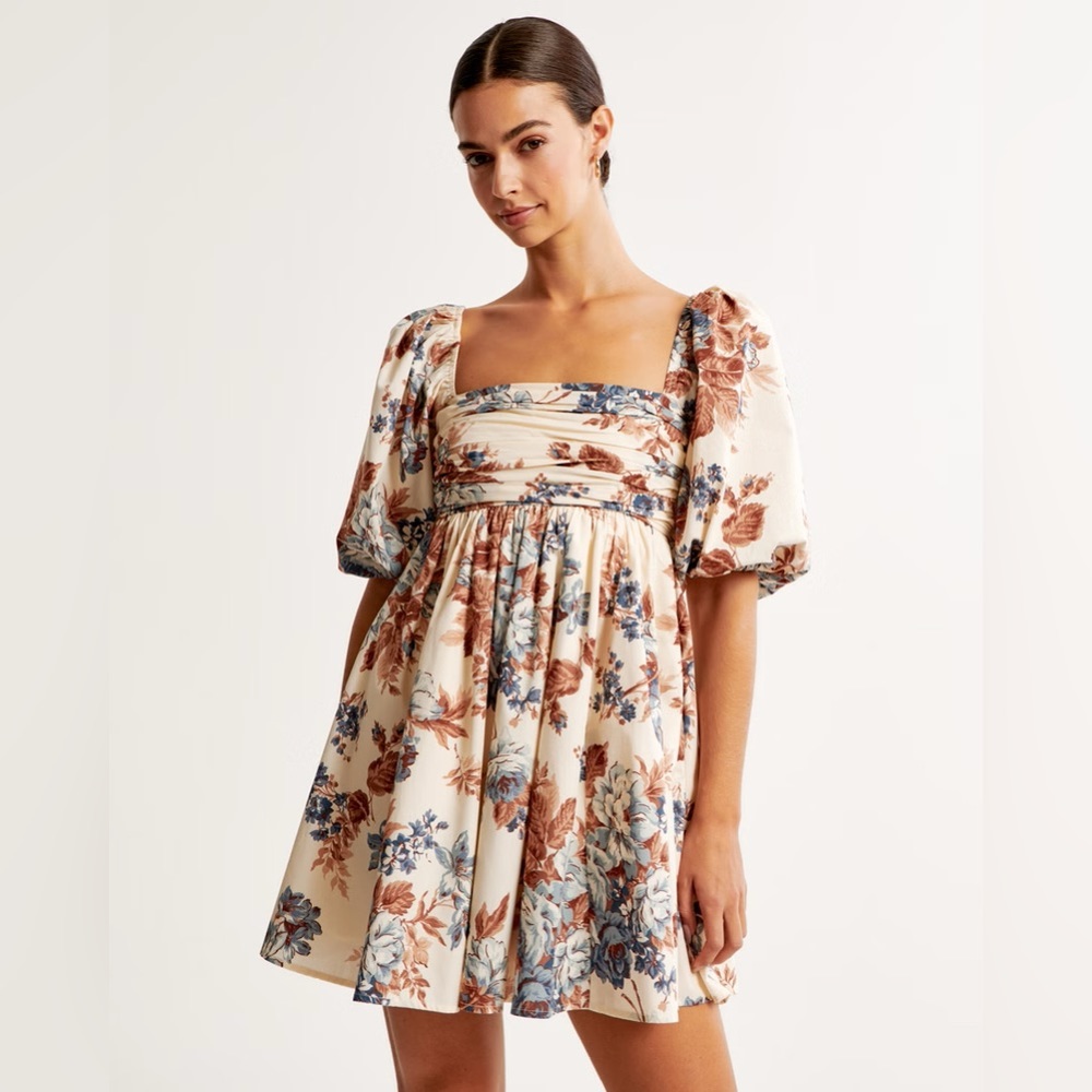 Abercrombie & Fitch Emerson Poplin Puff Sleeve Mini Dress Cream Floral